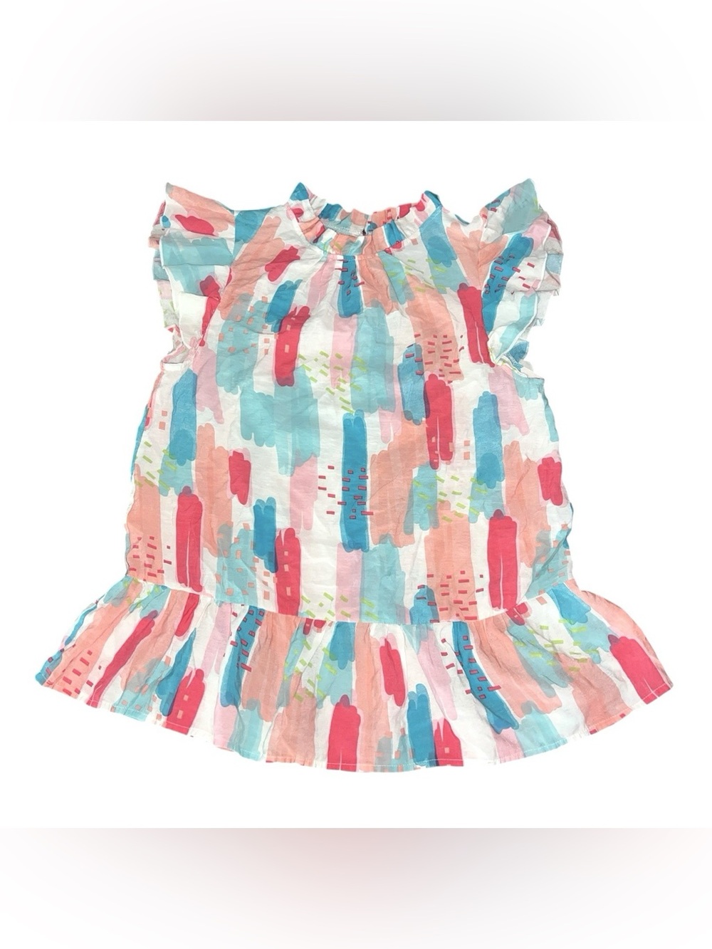 JODIFL Women’s Small Pink Teal Ruffle Sleeve Watercolor Print Blouse Office Chic